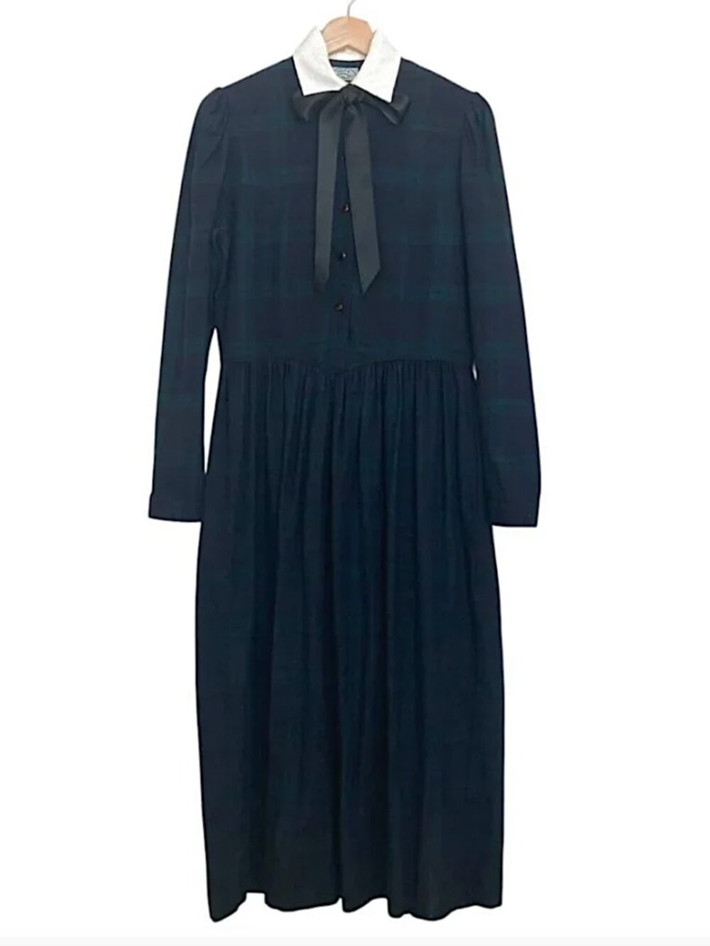 Vintage 1980s LAURA ASHLEY Wool Blackwatch Plaid Midi Shirtdress Dark Academia
